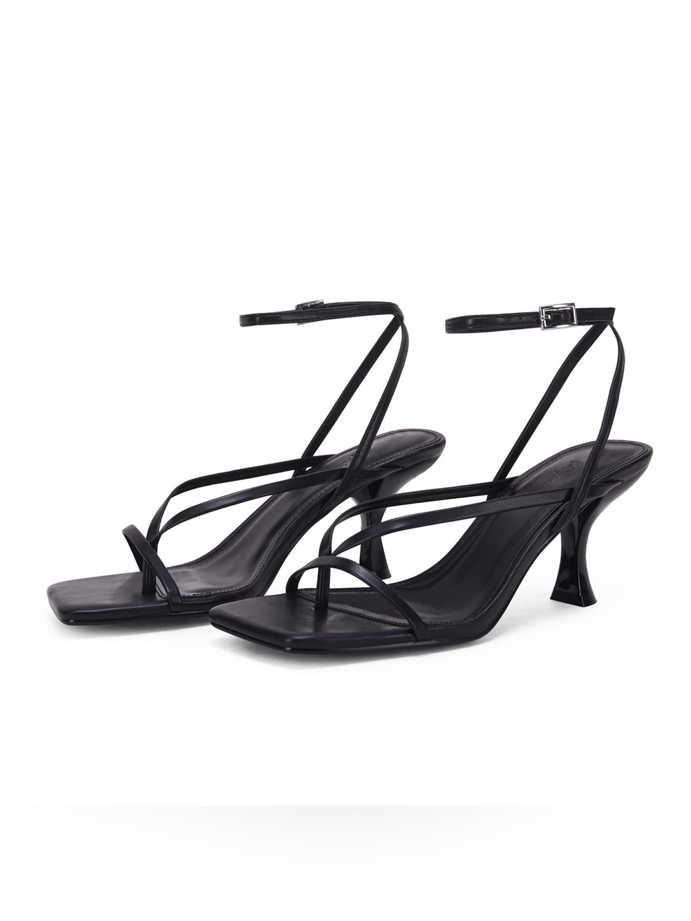 Strappy Square-Toe Black Mid-Heel Sandals with Ankle Buckle